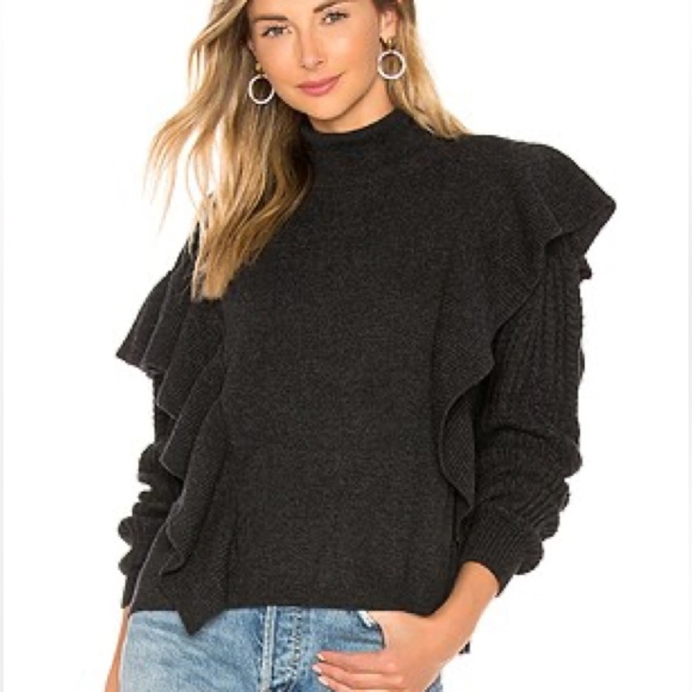 NAADAM Yisu Turtleneck Sweater in Smoke Wool Cashmere Assymetrical Ruffle Medium